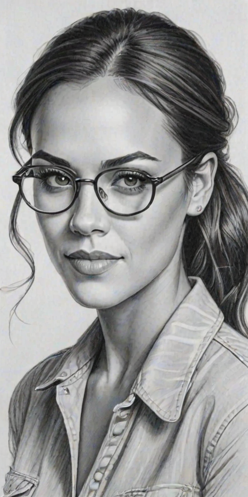 Lovely Jana Kramer, pencil sketch, portrait of Delightful woman 1952s in glasses, hair style beatnik, outline, clear lines, fine lines, 8k