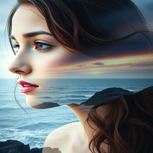 this picture is Book cover, A surreal double exposure portrait that blends a woman's face with a beautiful seascape. The overall mood is dreamy and mystical, with rich colors and intricate details