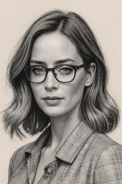 Sublime Emily Blunt, pencil sketch, portrait of Fetching woman 1922s in glasses, hair style beatnik, outline, clear lines, fine lines, 8k