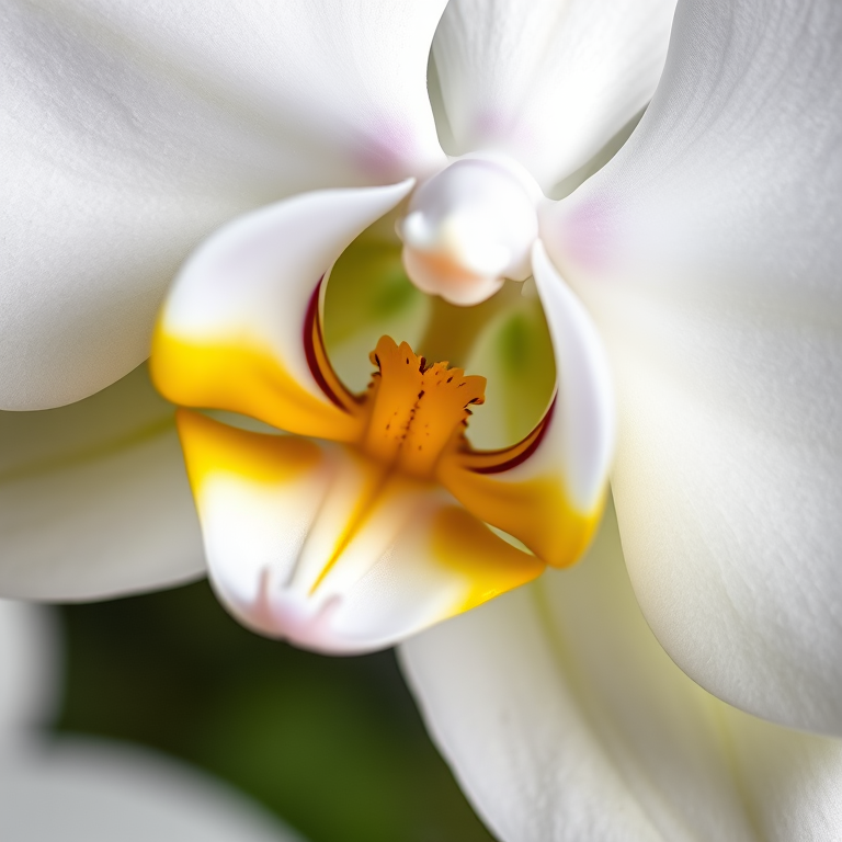 Close-up shot of a white orchid with yellow accents, f/2.8 aperture, ISO 100, 50mm lens, natural light, macro photography style, DSLR camera.