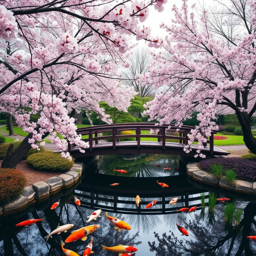 Capture a serene Japanese garden during springtime with cherry blossoms in full bloom, a wooden bridge arching over a tranquil pond filled with koi fish, vibrant colors, early morning light, f/8 aperture, ISO 100, 1/250s shutter speed, wide-angle lens, taken with a DSLR camera.