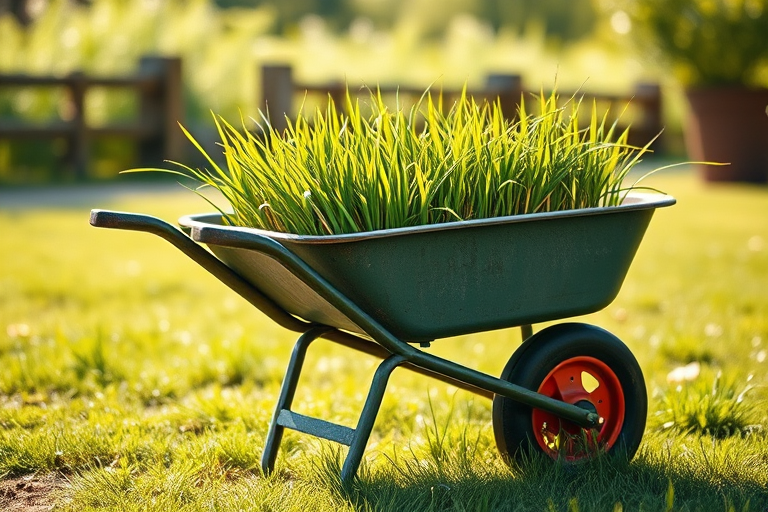 Create a high-resolution illustration of a wheelbarrow filled with lush green grass, captured in bright natural lighting with a shallow depth of field, using a DSLR camera with a 50mm lens at f/2.8 for soft background blur, and an ISO of 100 for clarity.