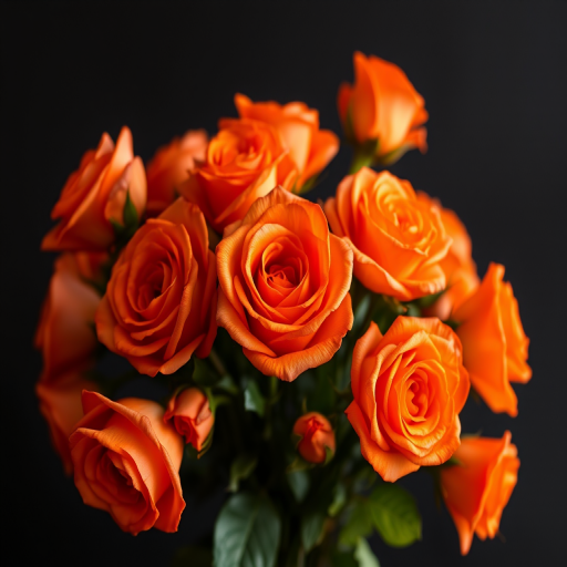 Create a high-resolution image of a vibrant bouquet of orange roses on a black background, using a DSLR camera with a 50mm lens, aperture set at f/2.8, ISO 100, and a soft focus style for enhanced depth and clarity.