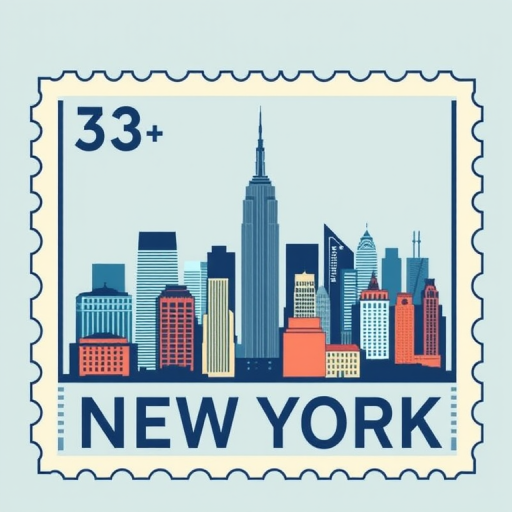 Create an artistic illustration of a vintage stamp featuring the New York skyline, with a light blue background and stylized buildings, using a DSLR camera with a 50mm lens, f/8 aperture, 1/200s shutter speed, and soft lighting for a vibrant yet nostalgic effect.