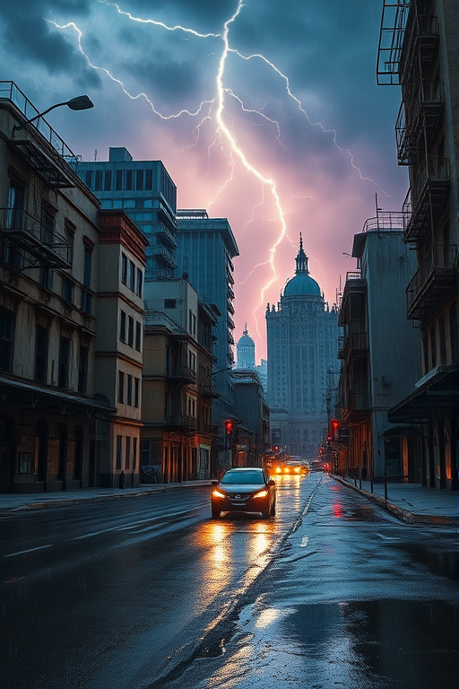 Create a high-resolution image of a post-apocalyptic urban scene with abandoned buildings, a lone car on a rain-soaked street, under a dramatic lightning storm at twilight, captured with a DSLR camera, 24mm lens, f/8 aperture, ISO 100, and a long exposure for enhanced details and dynamic lighting.