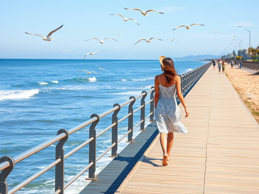 Sun-drenched boardwalk stretching along the coastline, with seagulls flying overhead and a woman in a summer dress walking barefoot, enjoying the ocean breeze.