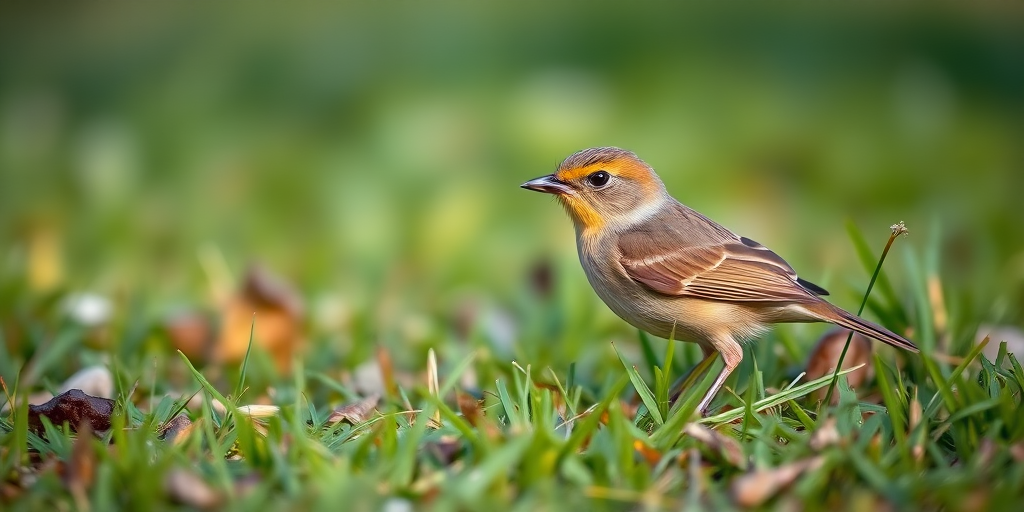 A close-up shot of a small brown bird on green grass, natural lighting, focus on the bird, aperture f/4, ISO 200, shutter speed 1/400s, using a DSLR camera with a 300mm lens, shallow depth of field.