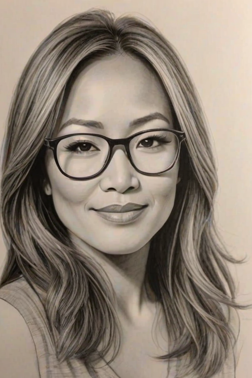 Lovely Carrie Ann Inaba, pencil sketch, portrait of Dazzling woman 1969s in glasses, hair style beatnik, outline, clear lines, fine lines, 8k