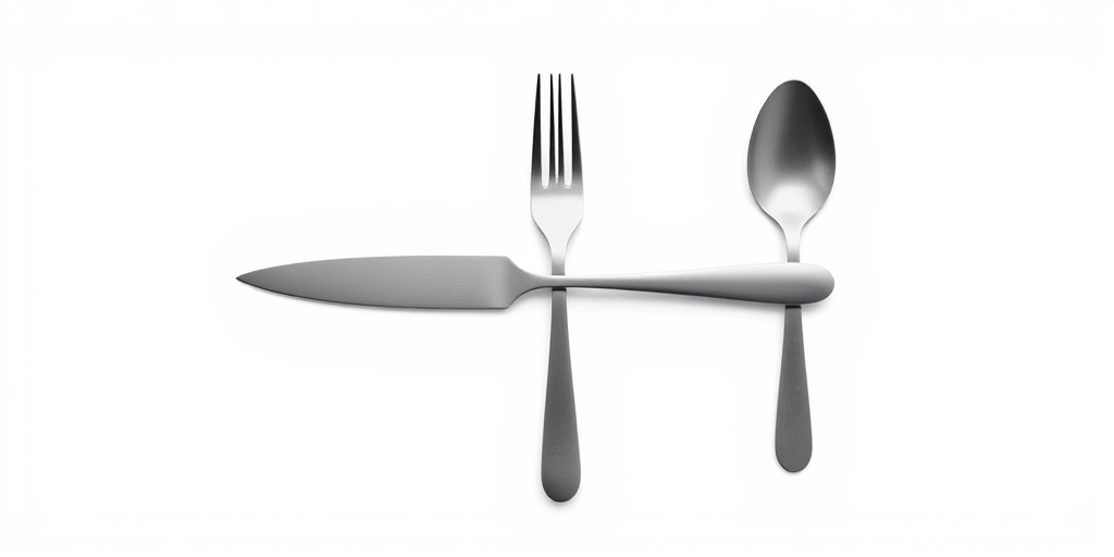 Create a high-resolution image of a minimalist logo featuring a knife, fork, and spoon arranged artistically, taken with a DSLR camera at f/2.8 aperture, ISO 100, 50mm lens, using a soft focus background to enhance the utensils' silhouette and maintain a clean white backdrop.