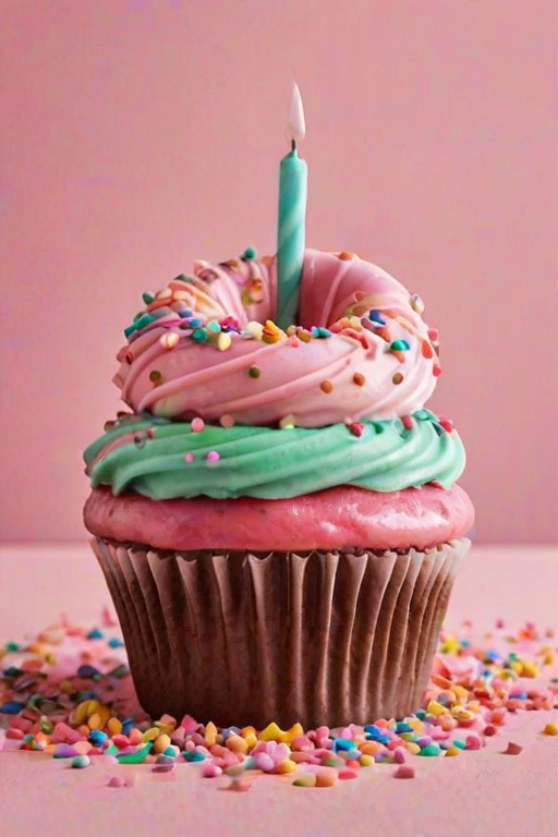 Create an image of a whimsical cupcake topped with a bright pink frosted donut, colorful sprinkles, and playful candy decorations. The cupcake should have a mint green base and a generous drizzle of chocolate frosting, all set against a soft pink background.