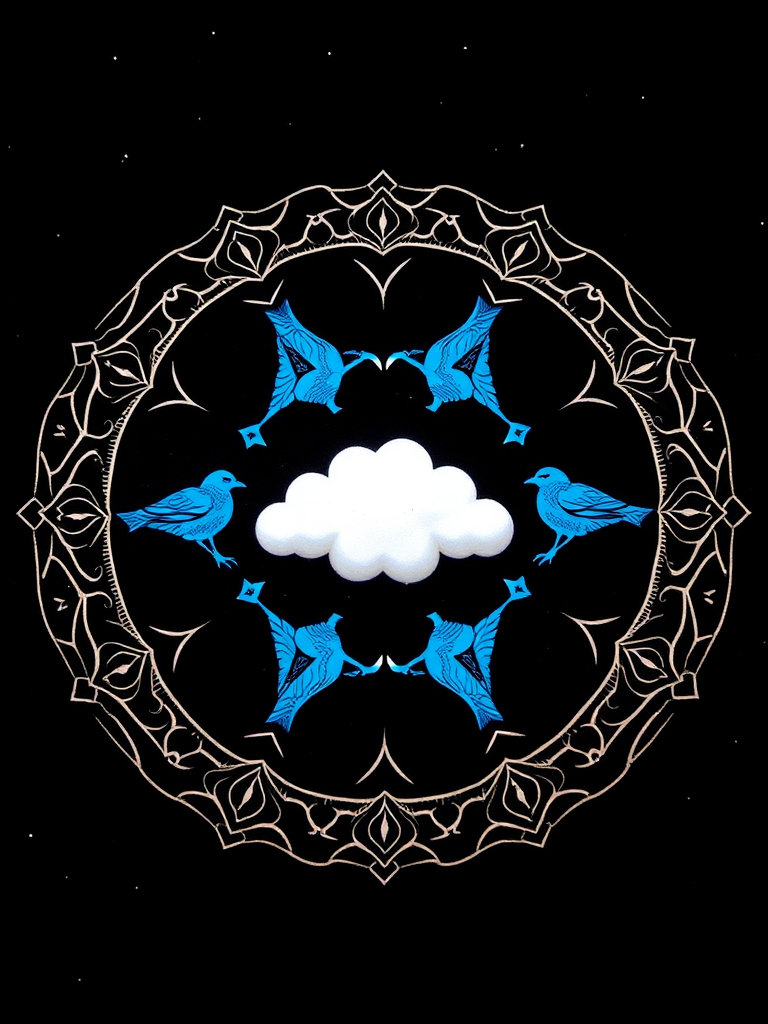 Create a symmetrical mandala design with a central cloud shape surrounded by four blue bird figures, set against a black background with small stars, captured with a DSLR camera, 50mm lens, f/2.8 aperture, ISO 100, and a soft-focus effect.