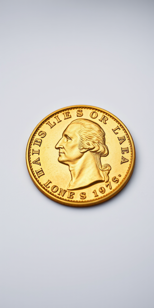 Generate a high-resolution image of a gold coin featuring George Washington, captured with a DSLR camera at 50mm focal length, f/2.8 aperture, ISO 100, in a softbox light setup for even illumination, shot from a 45-degree angle to highlight details.