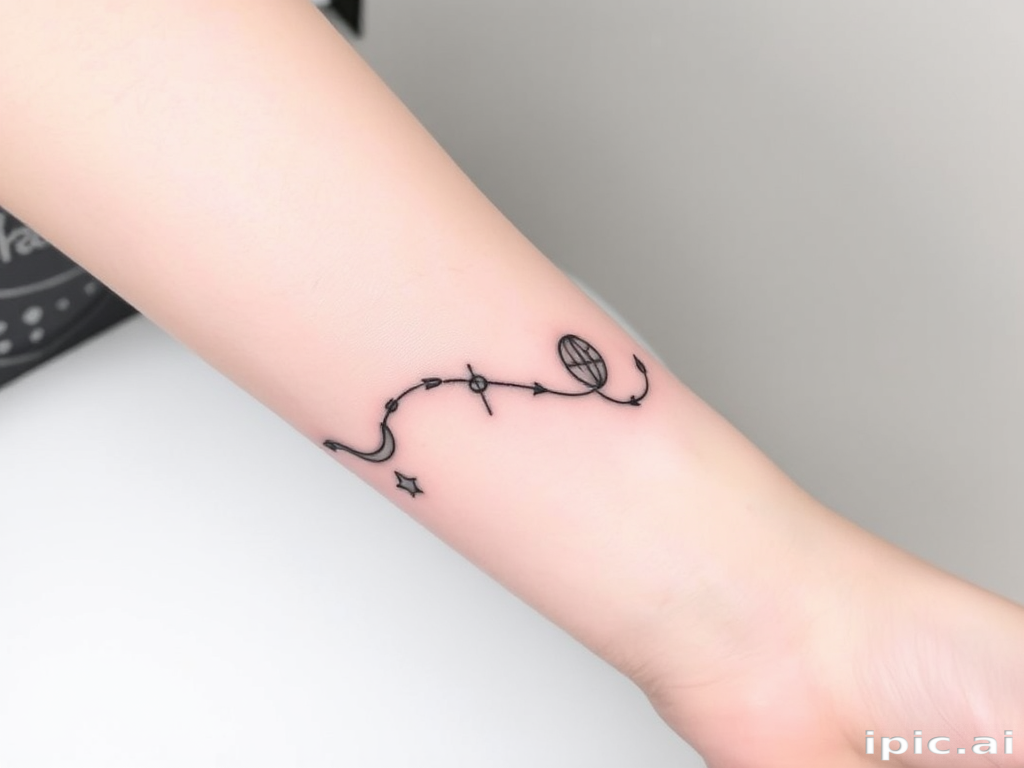 Minimalist single line tattoo named "Continuous Journey" using one unbroken line to create a flowing design of interconnected symbols and shapes representing life's path