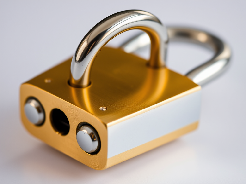 Create a high-resolution image of a shiny golden padlock with a silver shackle, captured with a Canon EOS 5D Mark IV at f/2.8, ISO 100, 1/125s, using a macro lens and soft natural lighting for enhanced detail and clarity.