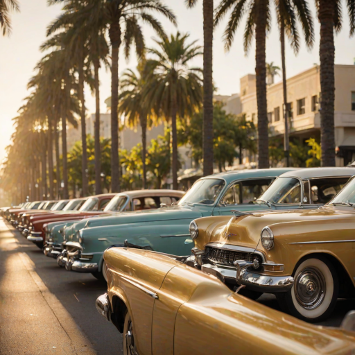 Soft-focus image of a row of vintage cars parked along a sun-drenched boulevard, with palm trees lining the street and soft golden light reflecting off their shiny surfaces.