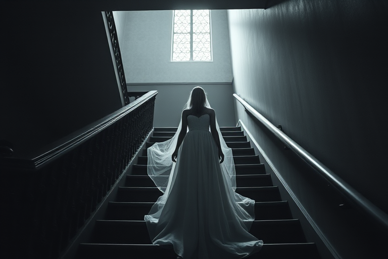 create a ghostly figure standing in a dimly lit staircase with a flowing white gown, capture with a full-frame DSLR camera at f/1.8, ISO 200, shutter speed 1/60, wide-angle lens, low-angle perspective, moody black and white style