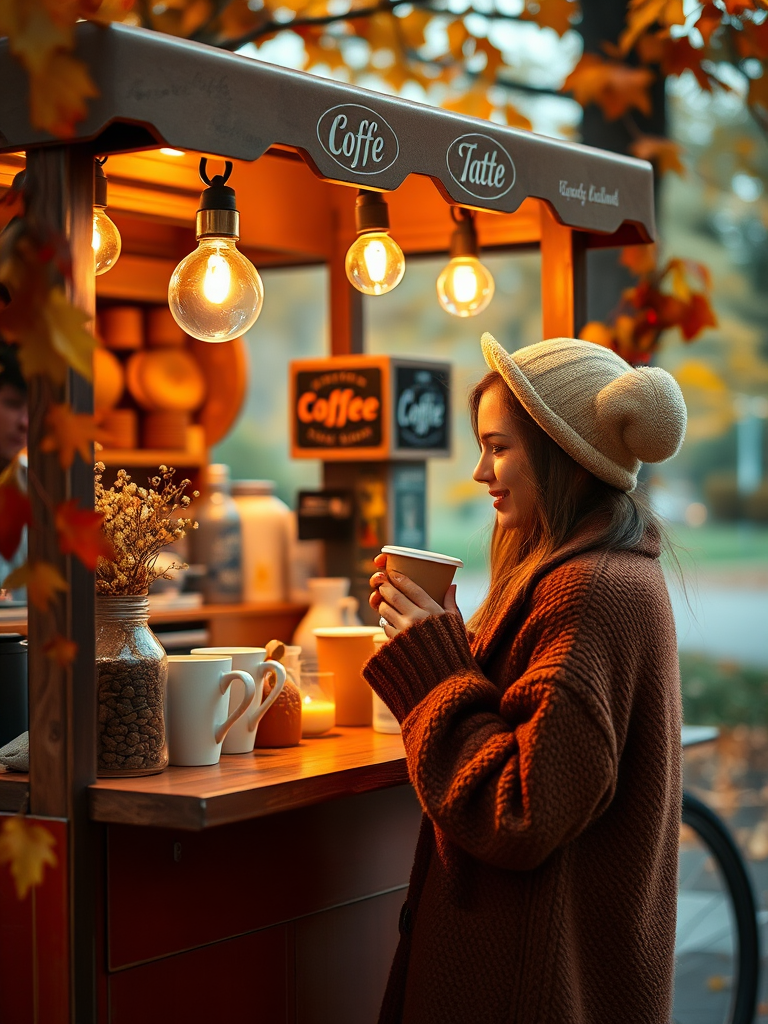 create a cozy scene of a coffee cart in autumn with a girl holding a coffee cup, featuring warm colors and soft lighting, shot with a Canon EOS R5, 50mm lens at f/2.8, ISO 100, 1/200 sec, in a natural light setting, emphasizing a whimsical and inviting atmosphere