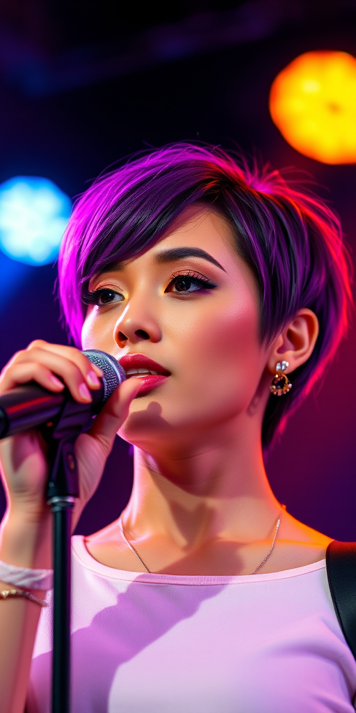 Generate a vibrant digital portrait of a female singer with short purple hair, microphone in hand, dramatic lighting, dynamic stage background, focus on facial features, using a Canon EOS R5 camera, 50mm lens, f/1.8 aperture, ISO 200, and a shallow depth of field for emphasis on the subject.