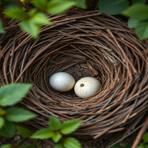 regenerate a detailed illustration of a nest with two eggs inside, using a DSLR camera with a 50mm lens, aperture set at f/2.8, shutter speed 1/250s, ISO 100, in natural daylight with a shallow depth of field for enhanced clarity and texture, top-down view showcasing the nest's intricate details and surrounding foliage