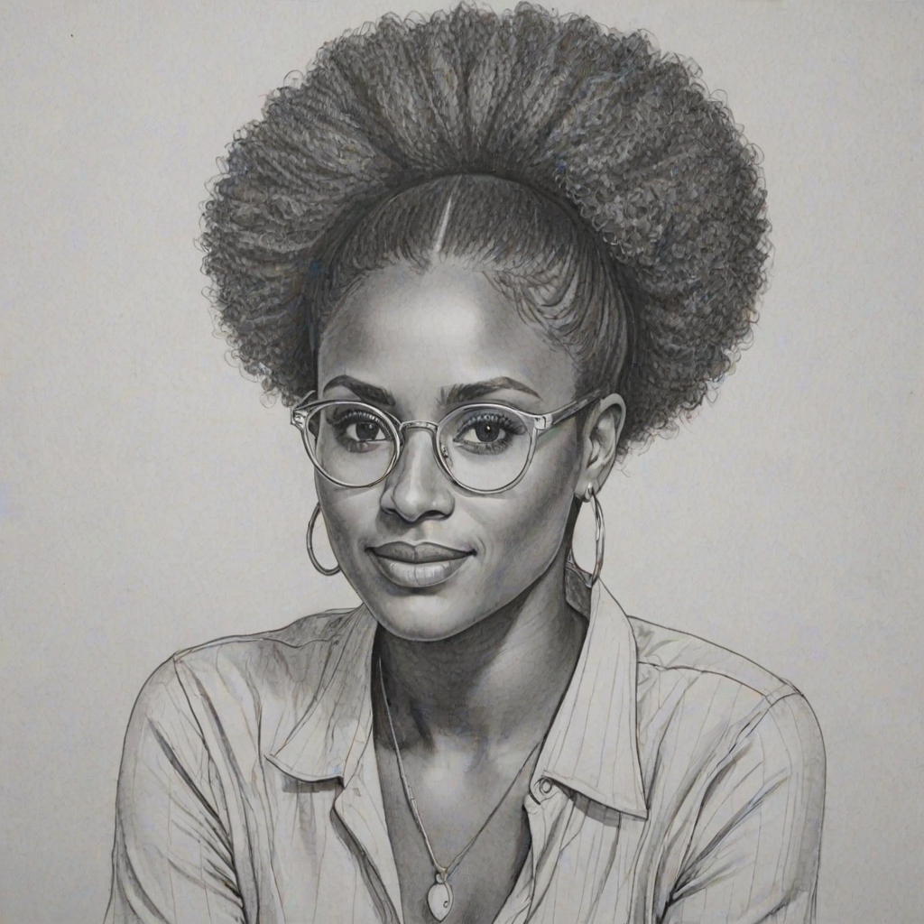 Beauteous Issa Rae, pencil sketch, portrait of Pleasing woman 1971s in glasses, hair style beatnik, outline, clear lines, fine lines, 8k