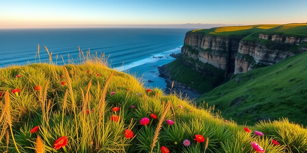 Create a high-resolution landscape image of a coastal cliff with lush green grass, vibrant wildflowers in the foreground, and the ocean stretching into the distance, captured with a DSLR camera at f/11 aperture, ISO 100, 24mm focal length, in natural lighting during golden hour for enhanced detail and color saturation.