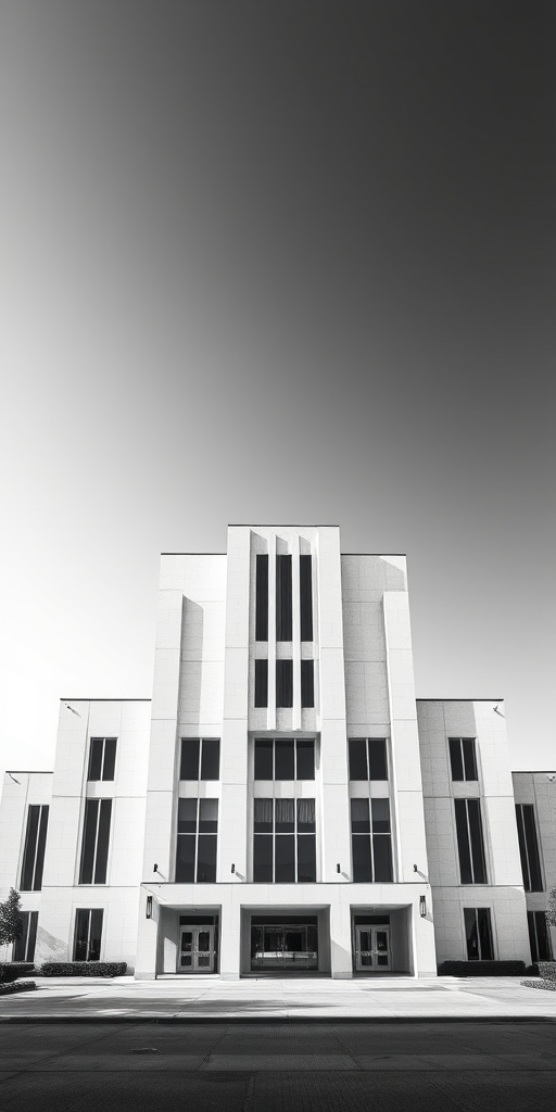 Create a high-contrast monochrome illustration of a large building with simple geometric shapes and clean lines, captured with a Canon EOS R5 at f/8, ISO 100, 24mm focal length, in landscape mode, using an architectural photography style to emphasize symmetry and depth, with a soft focus background for enhancement.