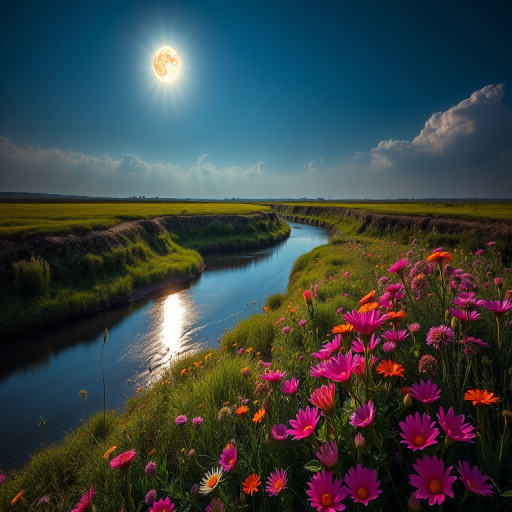 generate a serene nighttime landscape featuring a winding river surrounded by vibrant wildflowers under a full moon, with soft clouds in the sky, using a DSLR camera with a 50mm lens, aperture f/1.8, ISO 200, and a long exposure of 15 seconds to capture the ethereal glow and details in the flowers.