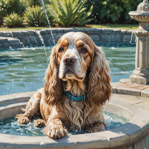 Watercolor ink illustration, A digitally created artwork of a Cocker Spaniel dog leaning on a water fountain, eyes closed, tongue out as if lapping water. The white dog has brown and cream patches, especially on its ears and face. Water splashes around it with detailed droplets. The background features a soft blue-green gradient, suggesting a sunny day. The style is realistic, focusing on the texture of fur and water for a lifelike, vibrant feel.