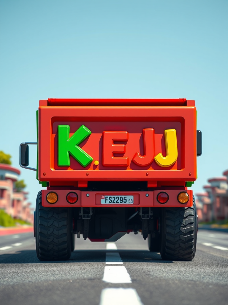Create a vibrant cartoon-style image of a red and green dump truck with colorful letters K, A, E, R, B, J in the back, using a 50mm lens, f/2.8 aperture, bright daylight, and a dynamic angle to enhance clarity and detail.