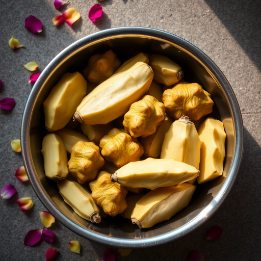 a stainless steel bowl filled with fresh jackfruit pods on a textured surface with flower petals scattered around, taken with a DSLR camera, 50mm lens, f/2.8 aperture, 1/60 sec shutter speed, natural lighting from the side to enhance colors and details