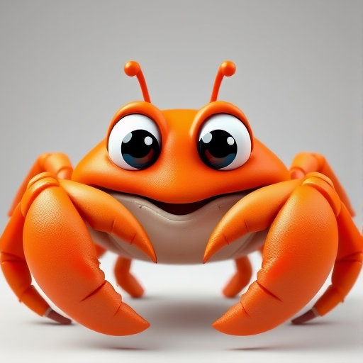 Cartoon crab character with large claws and big eyes, vibrant orange color, high resolution, studio lighting, 35mm lens, f/8 aperture, 1/200s shutter speed, digital illustration style.