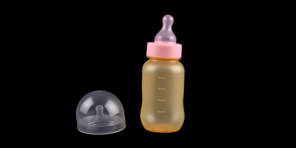 Create a digital illustration of a baby bottle with a pink nipple and orange ring on a solid black background, using a DSLR camera, aperture f/2.8 for a shallow depth of field, ISO 100 for low noise, and a 50mm lens for sharp detail.