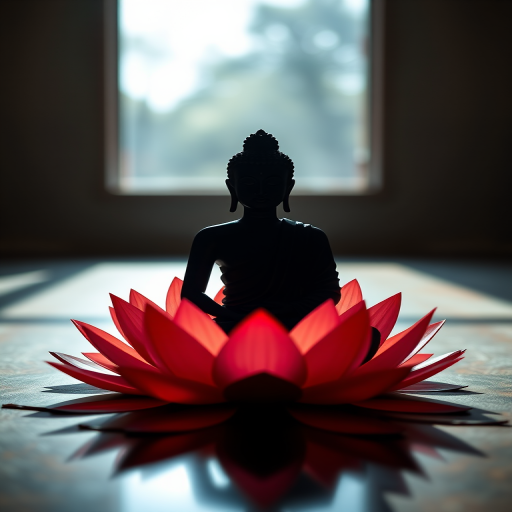 Create a serene image of a silhouetted Buddha figure in a meditative pose, surrounded by a vibrant lotus flower design, captured with a 50mm lens at f/1.8, in natural light, from a low angle view to enhance depth and focus.
