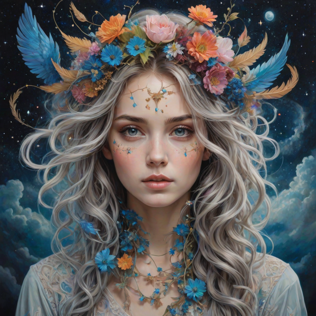 Create a series of imaginative portraits where each subject is infused with elements of fantasy and nature. The hair of the individuals should flow like clouds, varying from soft, fluffy cumulus to wispy cirrus strands, with hints of color reflecting a sunset or a clear blue sky. The eyes should be windows to entire galaxies, with stars, nebulae, and distant planets visible within them. Clothing should be adorned with nature motifs, such as floral patterns that bloom and change, vines that seem to grow and wrap around, or feathers that shimmer with iridescence. Each portrait should capture a unique personality, blending human features with the ethereal beauty of the natural and cosmic world. The backgrounds can vary, from starry night skies to enchanted forests, adding depth and context to the magical realism of the portraits