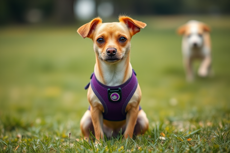 Portrait of a small dog sitting on grass wearing a purple harness, soft focus background with another dog in the distance, camera settings: f/2.8 aperture, 1/500 shutter speed, ISO 200, camera view: eye-level, camera style: natural light photography, camera type: DSLR.