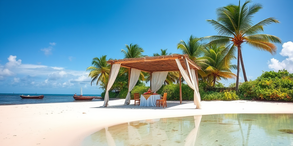 Create a picturesque tropical beach scene featuring a serene, white sandy shore. In the foreground, there's a rustic wooden canopy with white drapes gently flowing in the breeze. Underneath the canopy, a table is set with tropical decor, evoking a sense of relaxation and leisure. The beach extends into a calm, shallow water area with reflections of the sky and surroundings. Palm trees and lush greenery line the edge of the beach, providing a natural, tropical backdrop. The sky is clear with a few scattered clouds, and the overall atmosphere is tranquil and inviting, perfect for a peaceful retreat.
