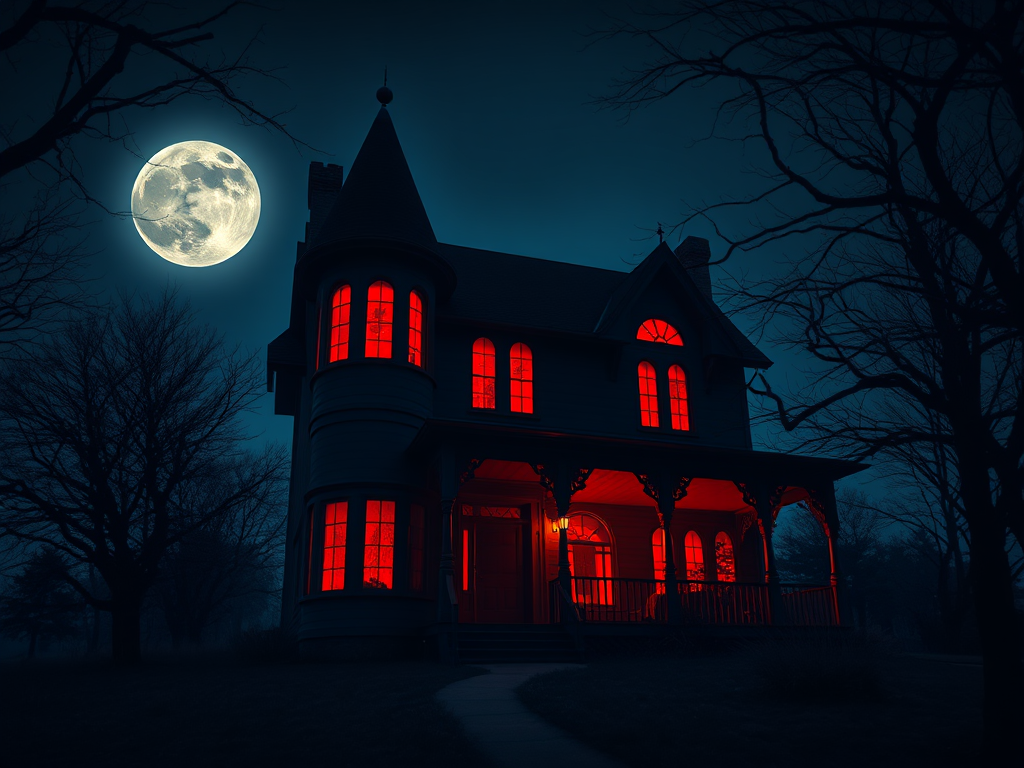 haunted house at night with glowing red windows, silhouetted trees, full moon backdrop, Nikon D850, f/8, ISO 200, 24mm lens, wide-angle view, low-angle shot, digital art style