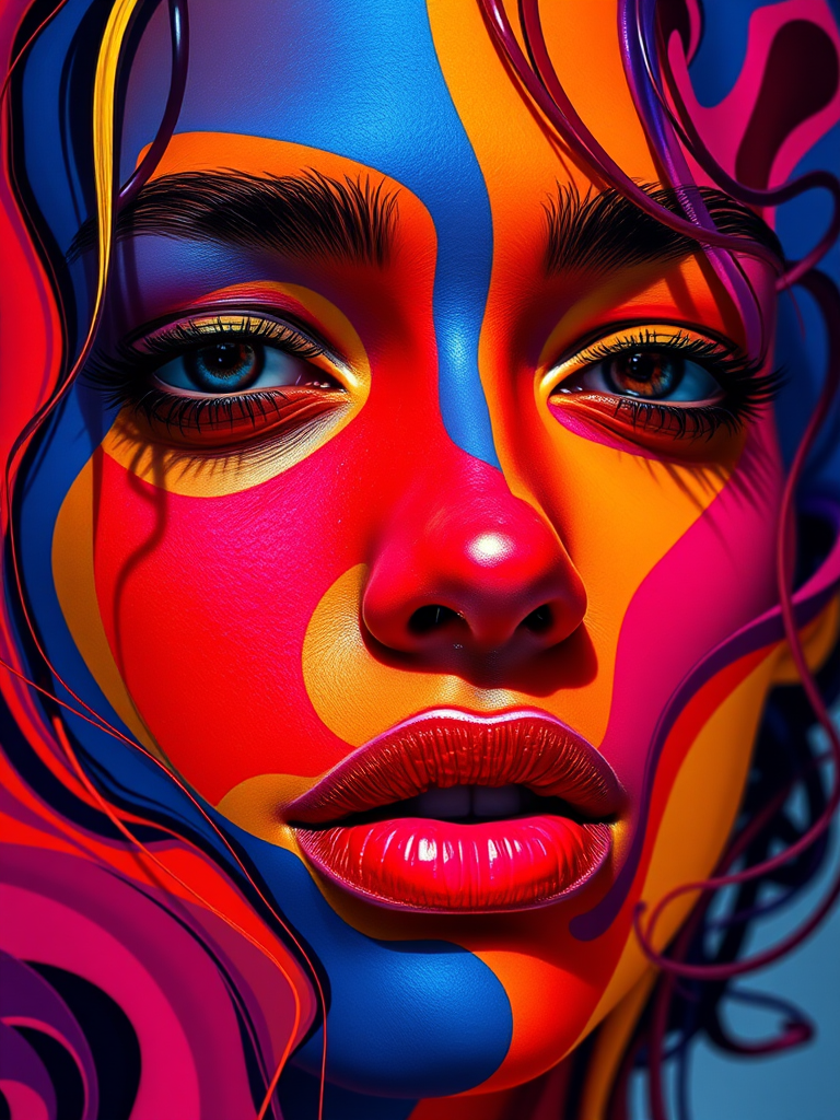 Regenerate a vibrant abstract portrait of a face with bold colors and flowing shapes, captured with a Canon EOS R5, 50mm lens, f/1.8 aperture, ISO 100, natural lighting, with a slightly angled view to emphasize depth and detail.