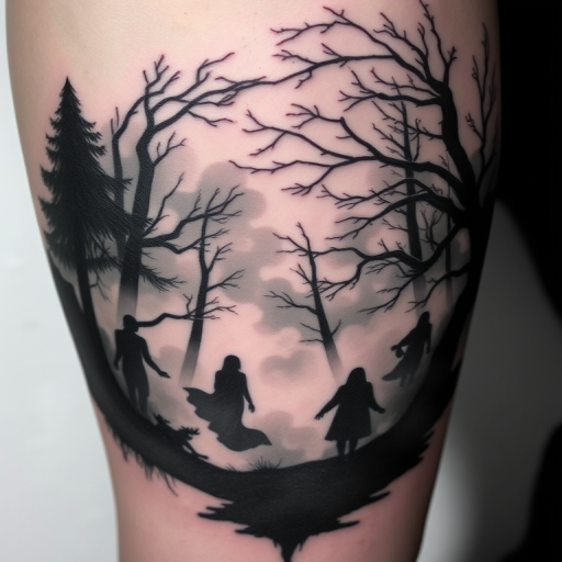 Atmospheric black and gray tattoo called "Misty Reverie" depicting a ethereal forest scene with ghostly figures and swirling mist, utilizing soft gradients and negative space for a haunting effect