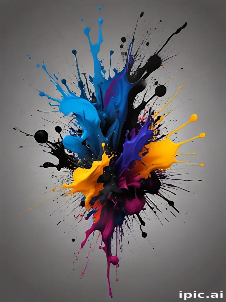 Vibrant Explosion of Colorful Paint Splashes Against a Grey Background