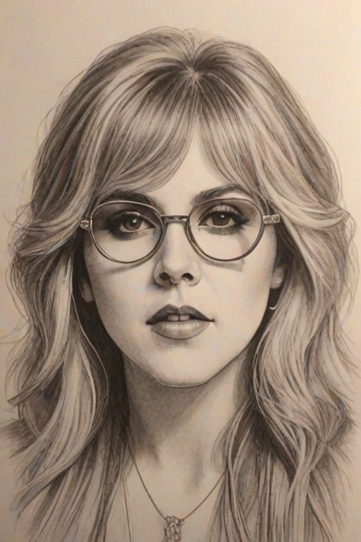 Splendid Stevie Nicks, pencil sketch, portrait of Alluring woman 1976s in glasses, hair style beatnik, outline, clear lines, fine lines, 8k