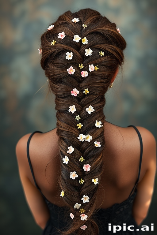 Romantic chocolate brown mermaid braid adorned with tiny flowers, cascading down the back for a whimsical and enchanting appearance