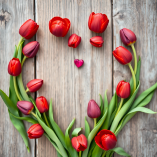 create a vibrant heart shape made of red and purple tulips surrounding a rustic wooden background with soft focus, capture with a DSLR camera, aperture f/2.8, shutter speed 1/125 sec, ISO 100, 50mm lens, shallow depth of field, natural light even illumination
