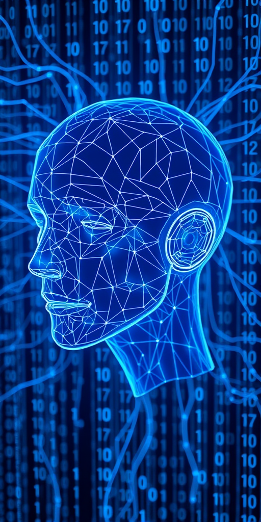 Create a high-resolution 3D rendering of a wireframe human head with a futuristic design, surrounded by flowing binary code in blue tones; use a Canon EOS 5D Mark IV with a 50mm f/1.8 lens, aperture set to f/8, ISO 200, and a slight vignette effect for depth.