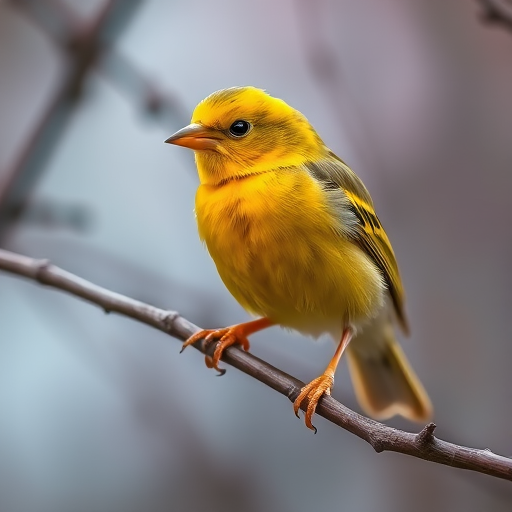Regenerate an artistic representation of a bright yellow canary perched on a branch, using a DSLR camera with a 50mm lens at f/2.8, ISO 100, and a shallow depth of field to enhance the color vibrancy and detail.