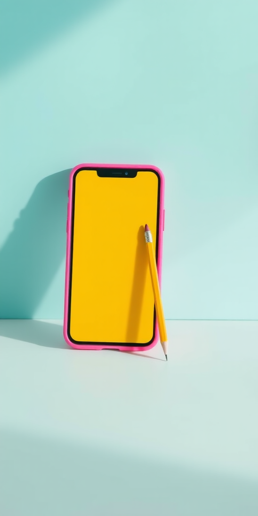 Create a high-resolution image of a modern smartphone with a vibrant pink case, featuring a blank yellow screen and a yellow pencil leaning against it, in a minimalistic setting with a soft turquoise background, shot with a DSLR camera at f/2.8 aperture, ISO 100, 50mm lens, with natural lighting and a slight shadow for depth.