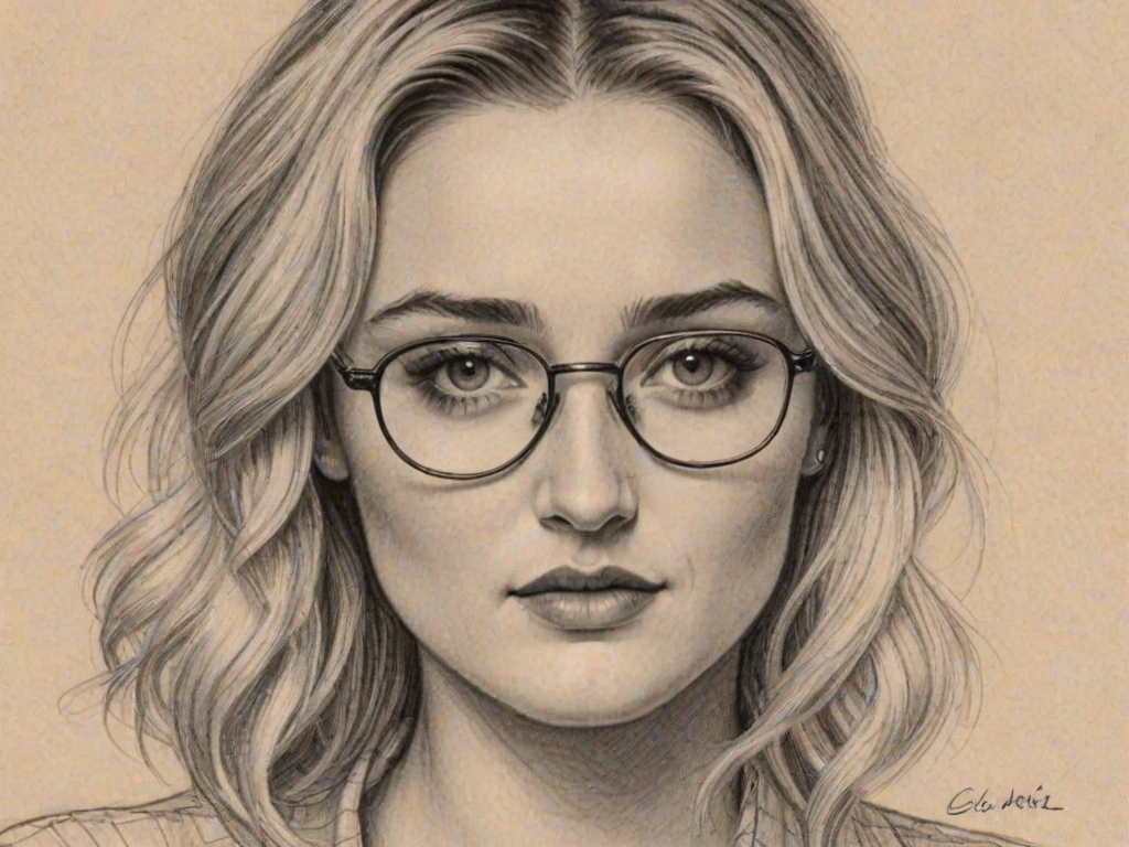 Appealing AJ Michalka, pencil sketch, portrait of Alluring woman 1928s in glasses, hair style beatnik, outline, clear lines, fine lines, 8k