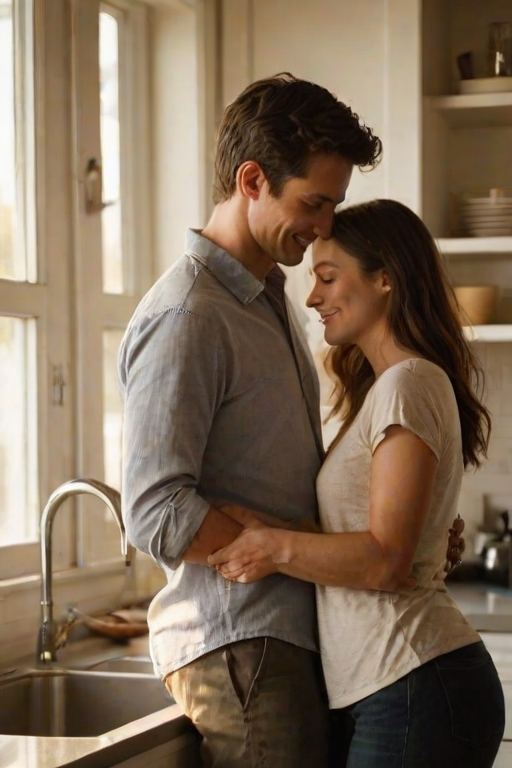 Warm, softly lit image of a couple slow dancing in their kitchen at dawn, soft morning light filtering through the window, with dishes and coffee cups scattered on the countertop and a peaceful atmosphere.
