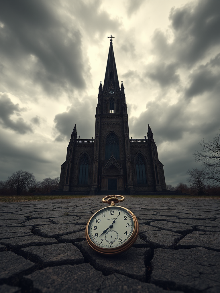 A dramatic gothic landscape featuring a towering cathedral shrouded in ominous clouds above a cracked earth foreground with a vintage pocket watch, captured with a Canon EOS R5 using a 24-70mm f/2.8 lens at ISO 100, aperture f/8, and a shutter speed of 1/200 sec, in a wide-angle view for enhanced depth and detail.