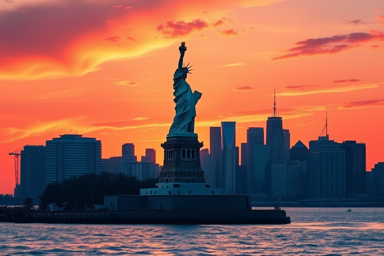 Create a vector-style illustration of the Statue of Liberty and the New York City skyline at sunset, using a Canon EOS 5D Mark IV with a 24-70mm lens, f/11 aperture, ISO 100, shot from a vantage point across the water for a dynamic perspective.